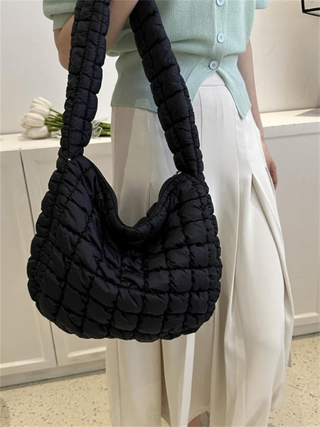 Nylon Quilted Puffer Shoulder Bag Handbag Black