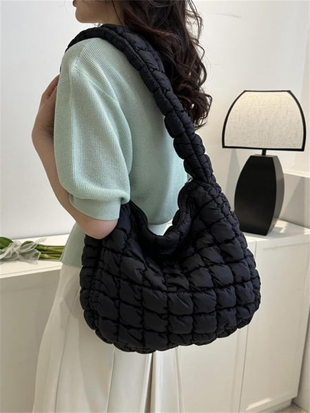 Nylon Quilted Puffer Shoulder Bag Handbag Black
