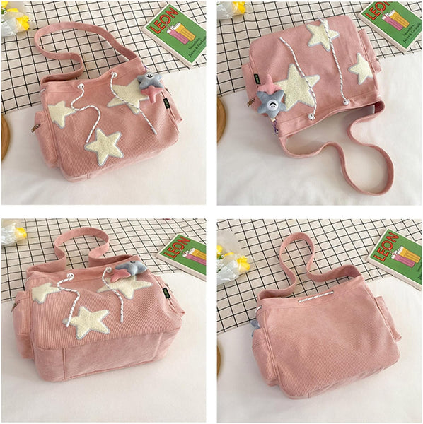 Corduroy Tote Shoulder Drawstring Handbag Bag Stars Black