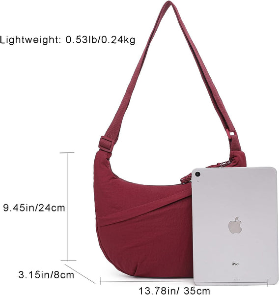 Nylon Padded Crescent Crossbody Shoulder Handbag Bag Multi Pocket Burgundy