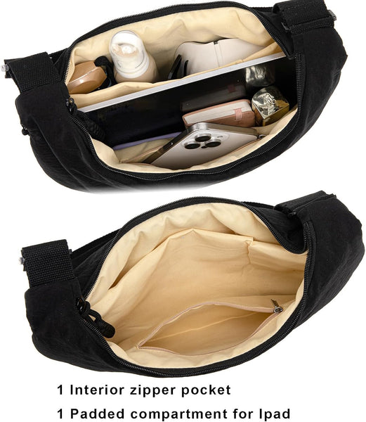 Nylon Padded Crescent Crossbody Shoulder Handbag Bag Multi Pocket Black