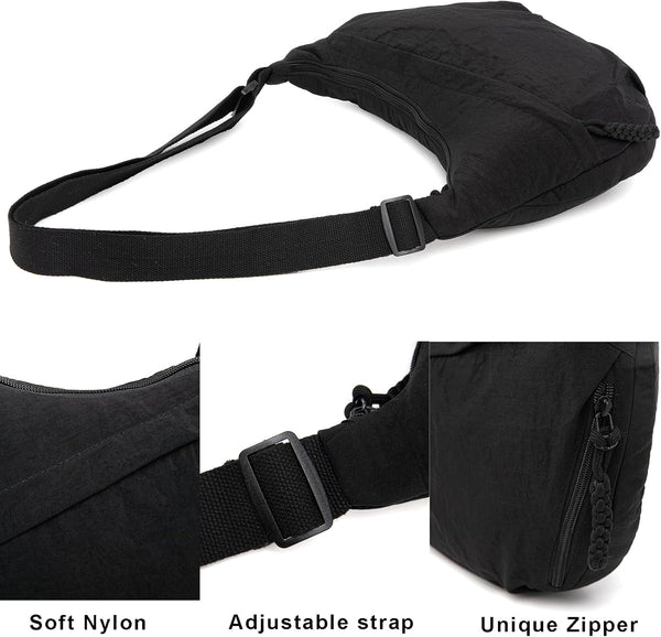 Nylon Padded Crescent Crossbody Shoulder Handbag Bag Multi Pocket Black