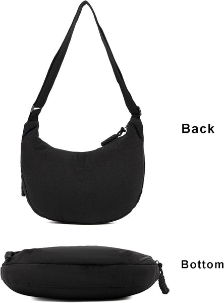 Nylon Padded Crescent Crossbody Shoulder Handbag Bag Multi Pocket Black