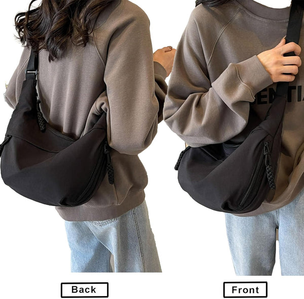 Nylon Padded Crescent Crossbody Shoulder Handbag Bag Multi Pocket Black