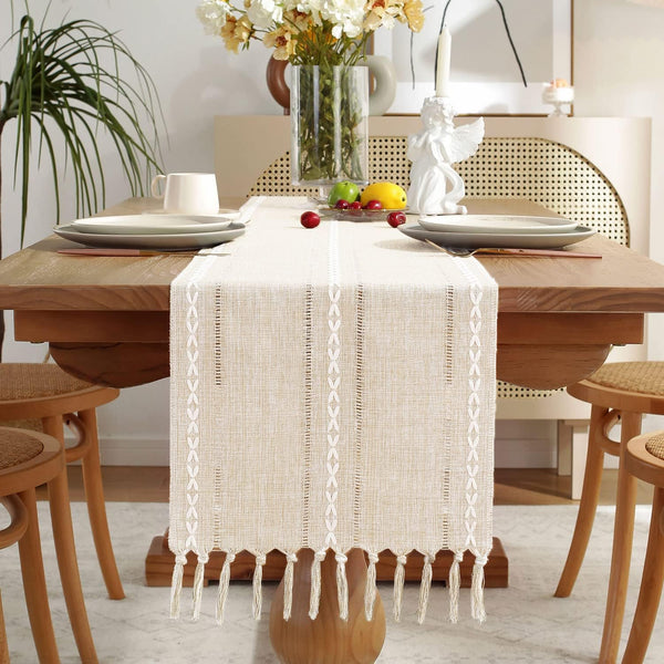Braided Striped Linen Table Runner Tablerunner 13 x 90 Inches Ivory Beige
