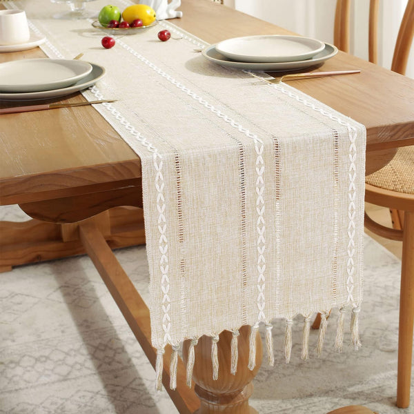 Braided Striped Linen Table Runner Tablerunner 13 x 90 Inches Ivory Beige
