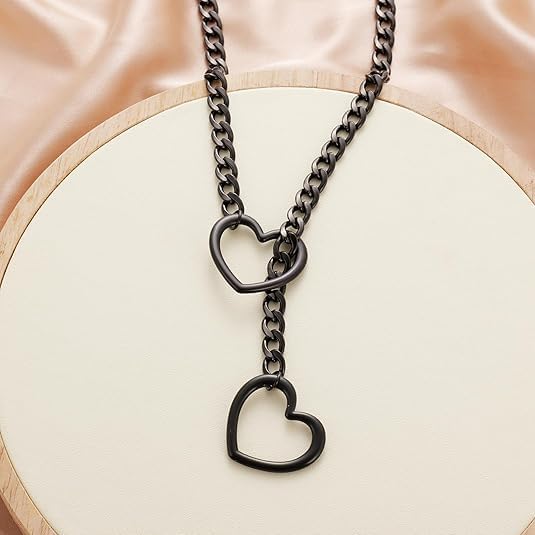 Heart Slip Chain Stainless Steel Necklace Y-Necklace Jewellery 25 Inch Black