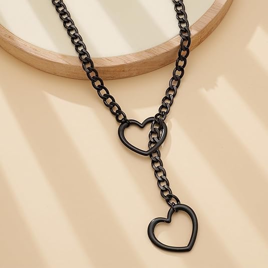 Heart Slip Chain Stainless Steel Necklace Y-Necklace Jewellery 25 Inch Black