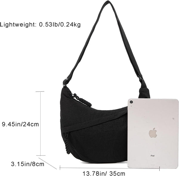 Nylon Padded Crescent Crossbody Shoulder Handbag Bag Multi Pocket Black