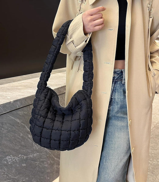 Nylon Quilted Puffer Shoulder Bag Handbag Black