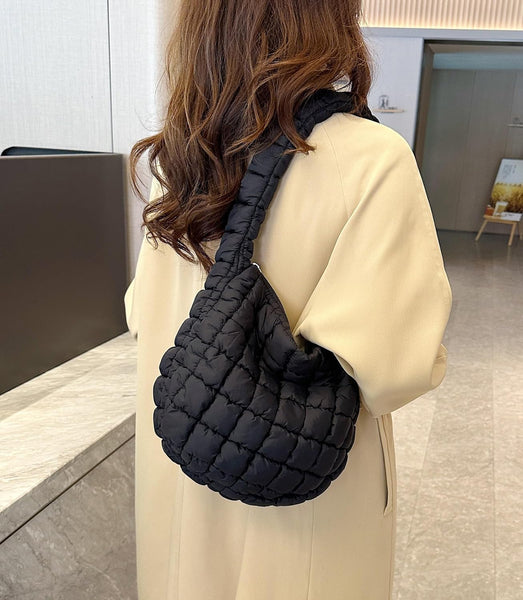 Nylon Quilted Puffer Shoulder Bag Handbag Black