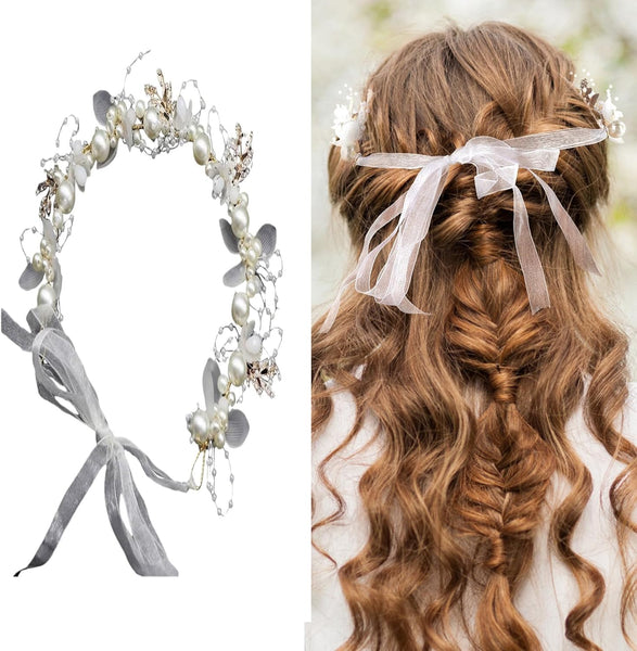 Floral Flower Girl Bride Wedding Faux Pearl Crystal Crown Headband Tiara 35cm