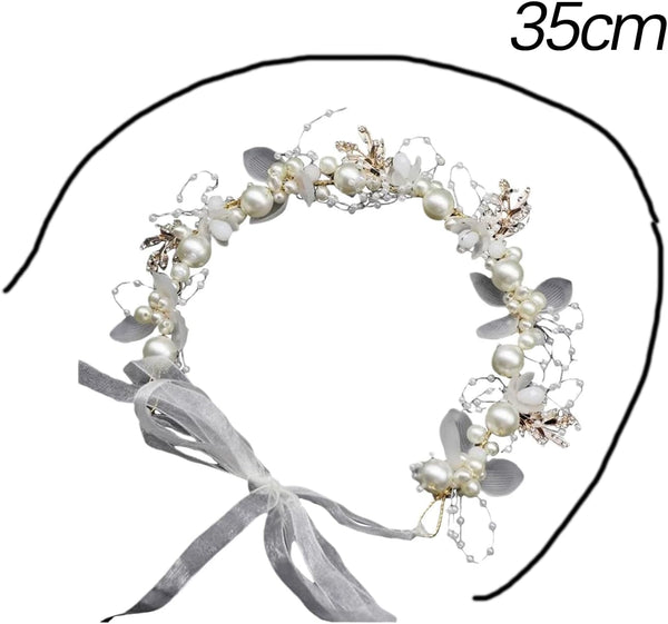 Floral Flower Girl Bride Wedding Faux Pearl Crystal Crown Headband Tiara 35cm