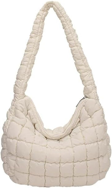 Nylon Quilted Puffer Shoulder Bag Handbag Cream