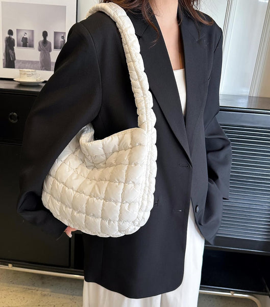 Nylon Quilted Puffer Shoulder Bag Handbag Cream