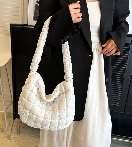 Nylon Quilted Puffer Shoulder Bag Handbag Cream