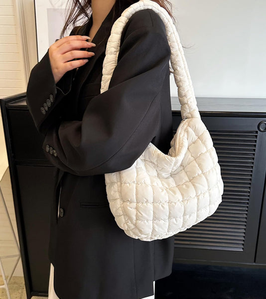 Nylon Quilted Puffer Shoulder Bag Handbag Cream