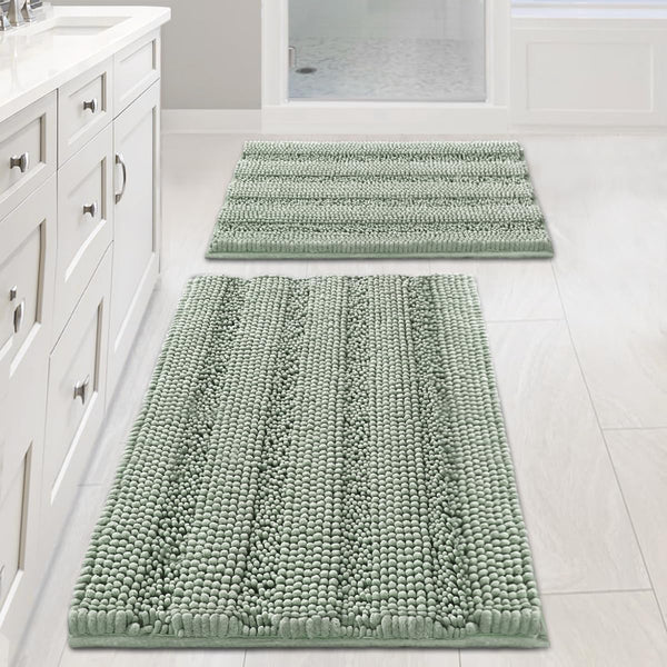 2 Pce Bath Mat Set Non Slip Chenille Striped 20 x 32" / 17 x 24" Sage Green