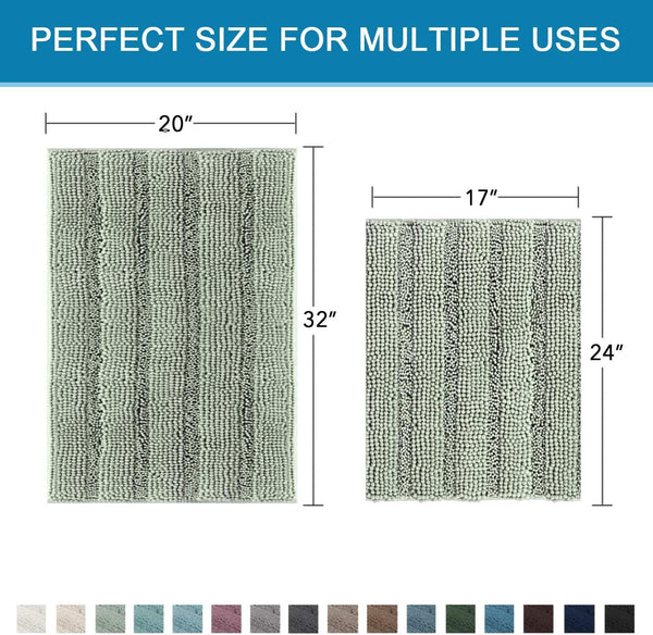 2 Pce Bath Mat Set Non Slip Chenille Striped 20 x 32" / 17 x 24" Sage Green