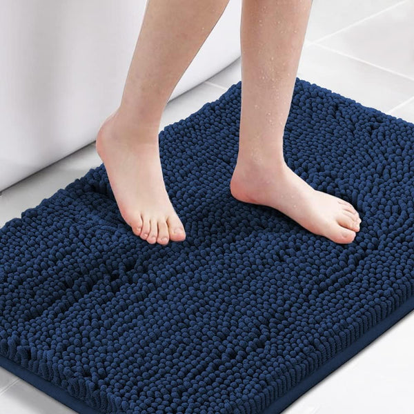 Bath Bathroom Shower Mat Rug Non Slip Washable Chenille 17 x 24" Navy Blue