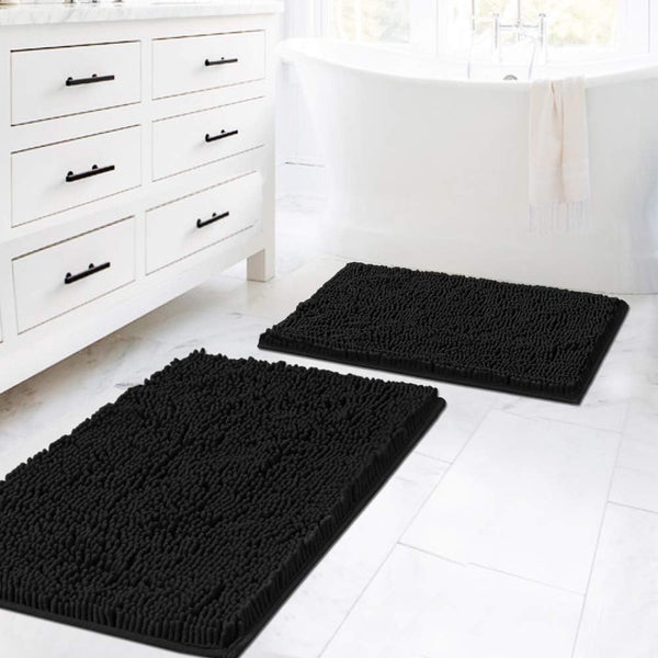 2 Pce Bath Mat Set Non Slip Microfibre Chenille 20 x 32" / 17 x 24" Black