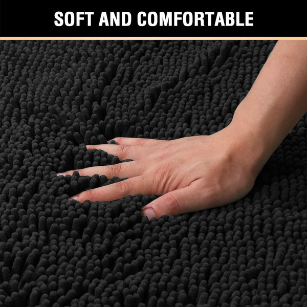 2 Pce Bath Mat Set Non Slip Microfibre Chenille 20 x 32" / 17 x 24" Black