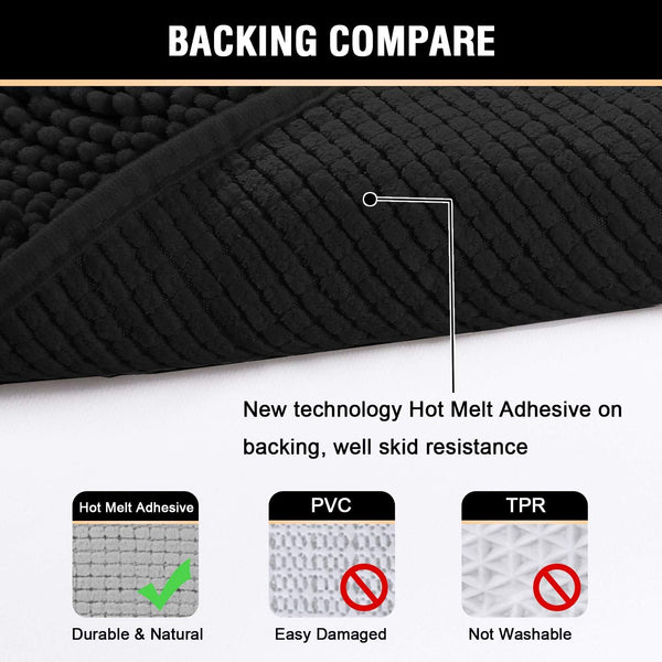 2 Pce Bath Mat Set Non Slip Microfibre Chenille 20 x 32" / 17 x 24" Black
