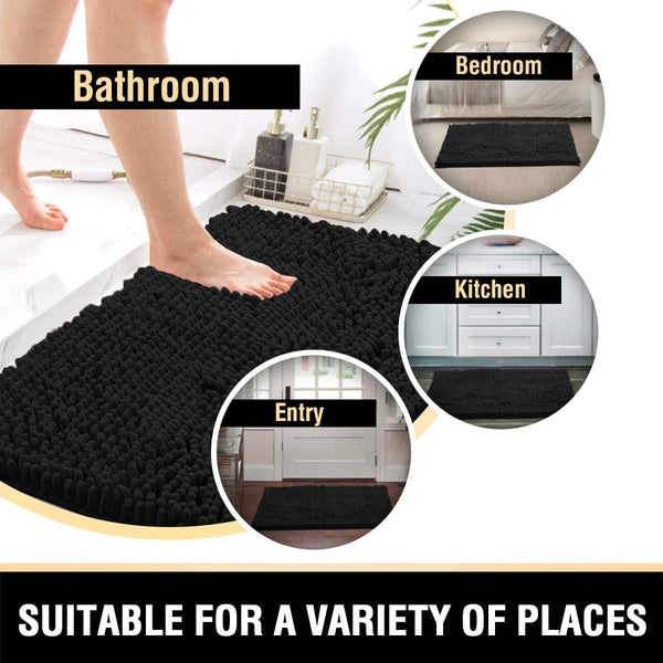 2 Pce Bath Mat Set Non Slip Microfibre Chenille 20 x 32" / 17 x 24" Black