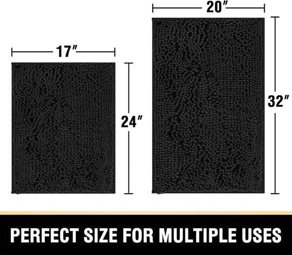2 Pce Bath Mat Set Non Slip Microfibre Chenille 20 x 32" / 17 x 24" Black