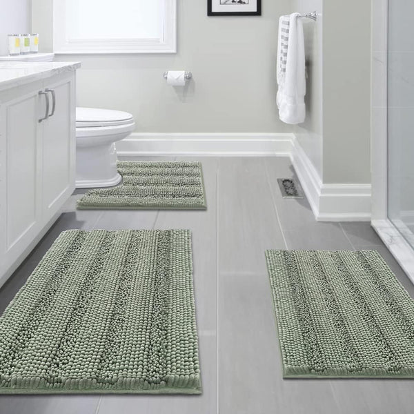 3 Piece Bath Bathroom Mat Toilet Set Thick Striped Shag Non Slip Sage Green