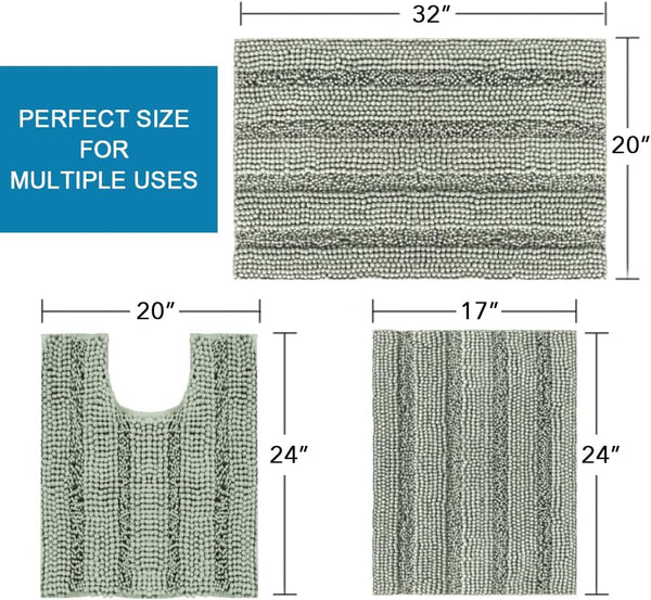 3 Piece Bath Bathroom Mat Toilet Set Thick Striped Shag Non Slip Sage Green