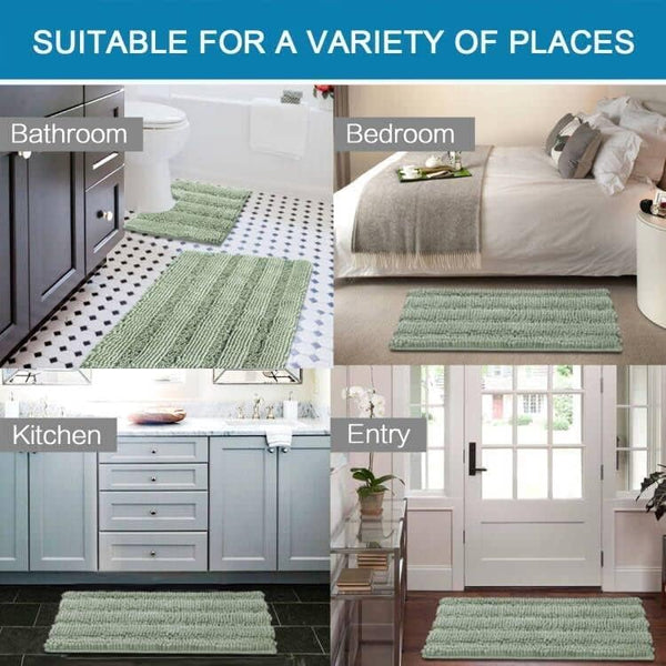 3 Piece Bath Bathroom Mat Toilet Set Thick Striped Shag Non Slip Sage Green