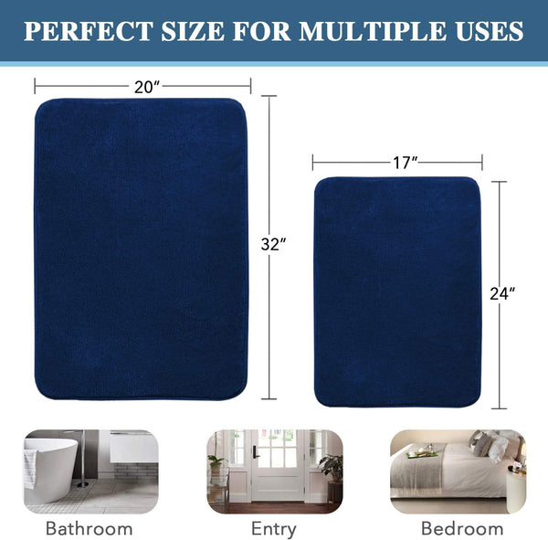 2 Pce Bath Mat Set Non Slip Memory Foam Washable 20 x 32" / 17 x 24" Navy Blue