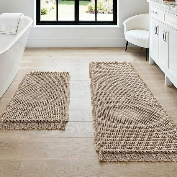 2 Pce Bath Mat Set Non Slip Microfibre Waffle Tassels 24 x 17" / 47 x 17" Beige