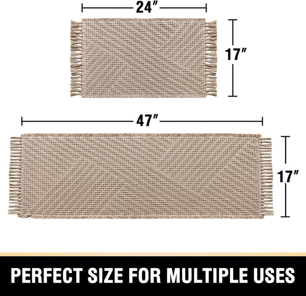 2 Pce Bath Mat Set Non Slip Microfibre Waffle Tassels 24 x 17" / 47 x 17" Beige