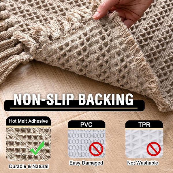 2 Pce Bath Mat Set Non Slip Microfibre Waffle Tassels 24 x 17" / 47 x 17" Beige