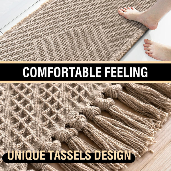 2 Pce Bath Mat Set Non Slip Microfibre Waffle Tassels 24 x 17" / 47 x 17" Beige
