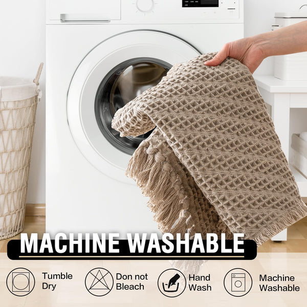 2 Pce Bath Mat Set Non Slip Microfibre Waffle Tassels 24 x 17" / 47 x 17" Beige