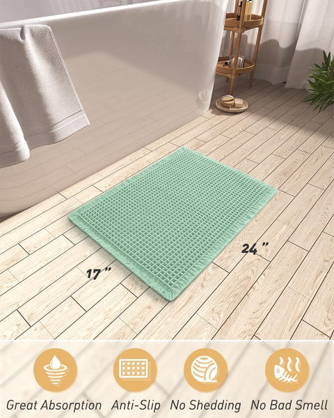 Bathroom Bath Shower Mat Non Slip Washable Waffle Fringe 17 x 24" Sage Green