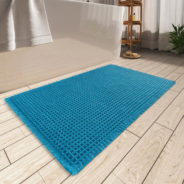 Bathroom Bath Shower Mat Non Slip Washable Waffle Fringe 17 x 24" Teal Blue
