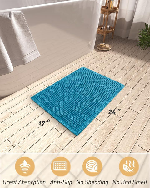 Bathroom Bath Shower Mat Non Slip Washable Waffle Fringe 17 x 24" Teal Blue