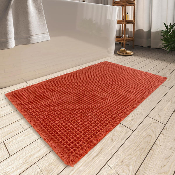 Bathroom Bath Shower Mat Non Slip Washable Waffle Fringe 20 x 32" Orange