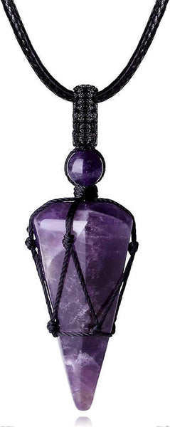 Amethyst Crystal Stone Pointed Pendant Necklace Adjustable Rope