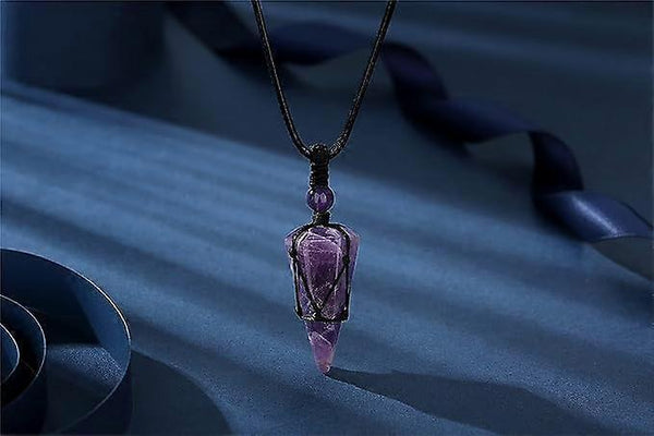 Amethyst Crystal Stone Pointed Pendant Necklace Adjustable Rope