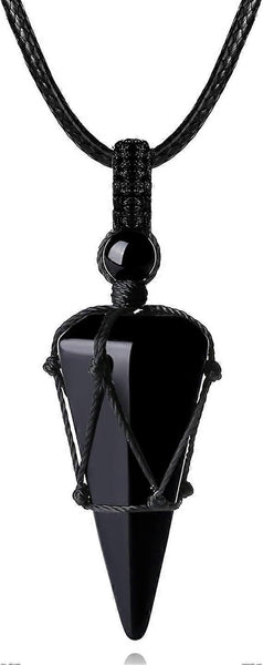 Black Obsidian Crystal Stone Pointed Pendant Necklace Adjustable Rope