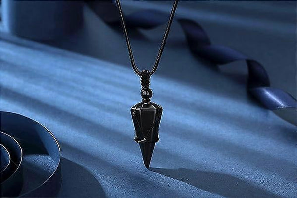 Black Obsidian Crystal Stone Pointed Pendant Necklace Adjustable Rope