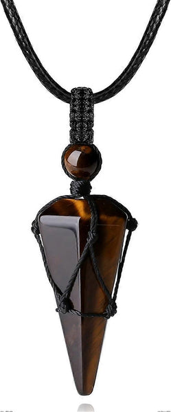 Tigers Eye Crystal Stone Pointed Pendant Necklace Adjustable Rope