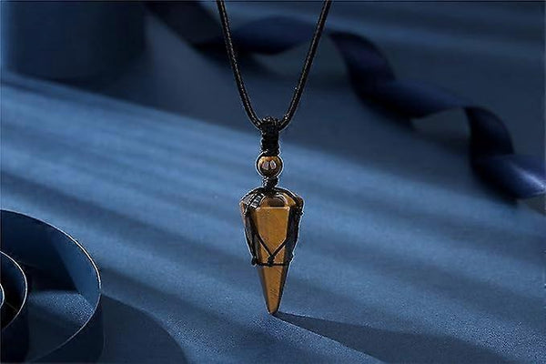 Tigers Eye Crystal Stone Pointed Pendant Necklace Adjustable Rope