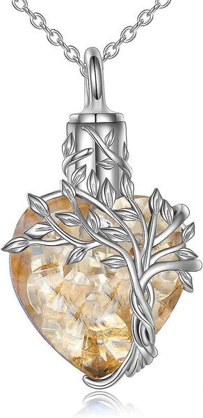 Heart Tree Of Life Urn Ashes Cremation Sterling Silver Crystal Pendant Necklace Yellow