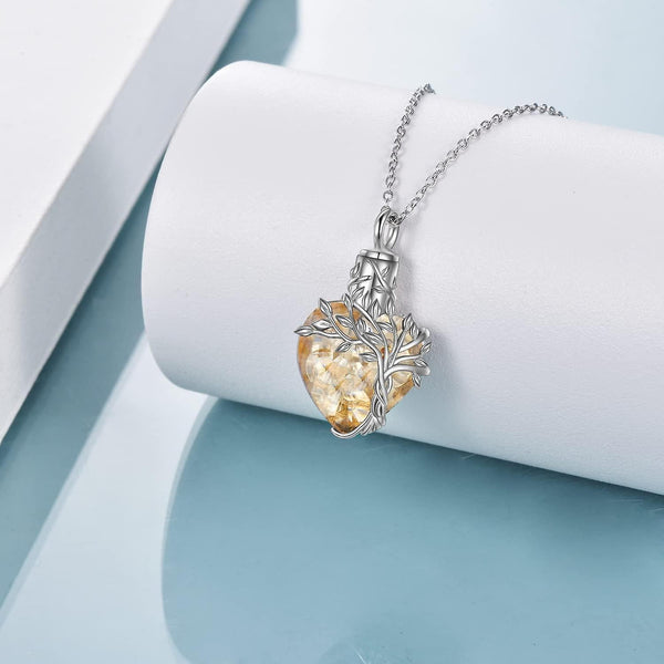 Heart Tree Of Life Urn Ashes Cremation Sterling Silver Crystal Pendant Necklace Yellow